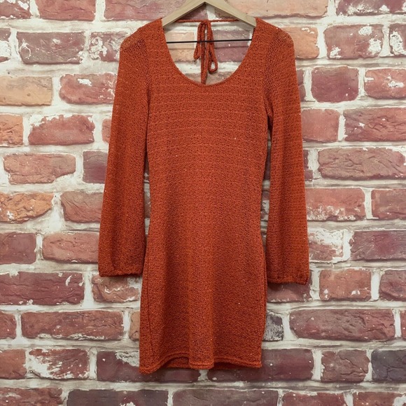 Umgee Dress Women's Medium Rust Orange Drape Back Tie Neck Sequin Knit Pullover - Picture 7 of 9